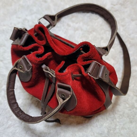 Red Suede Bolivian Folk Vintage Leather Synching Boho Bucket Bag Purse - Picture 8 of 13
